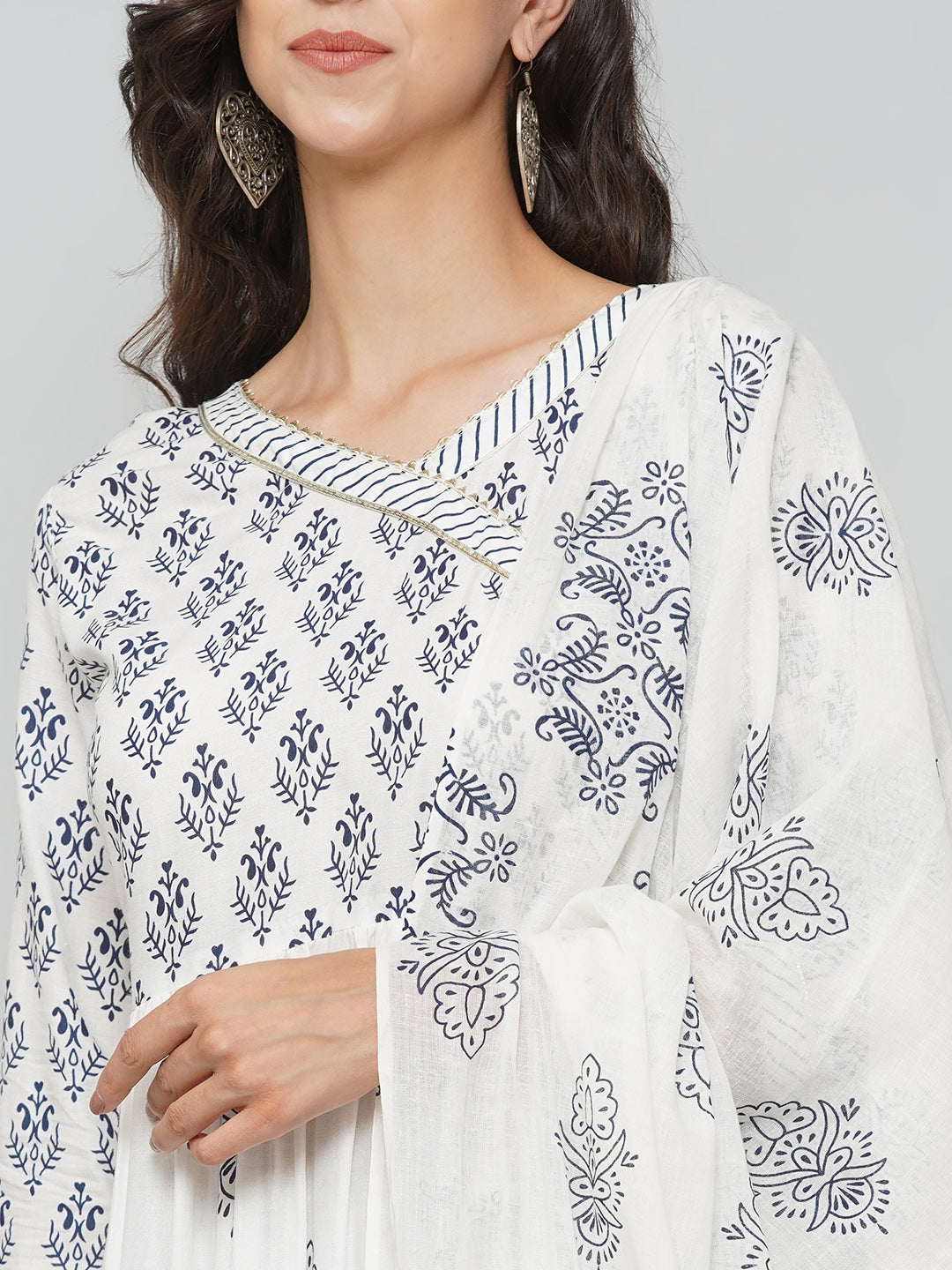 Angrakha Design Printed Suit Set - White & Navy Blue