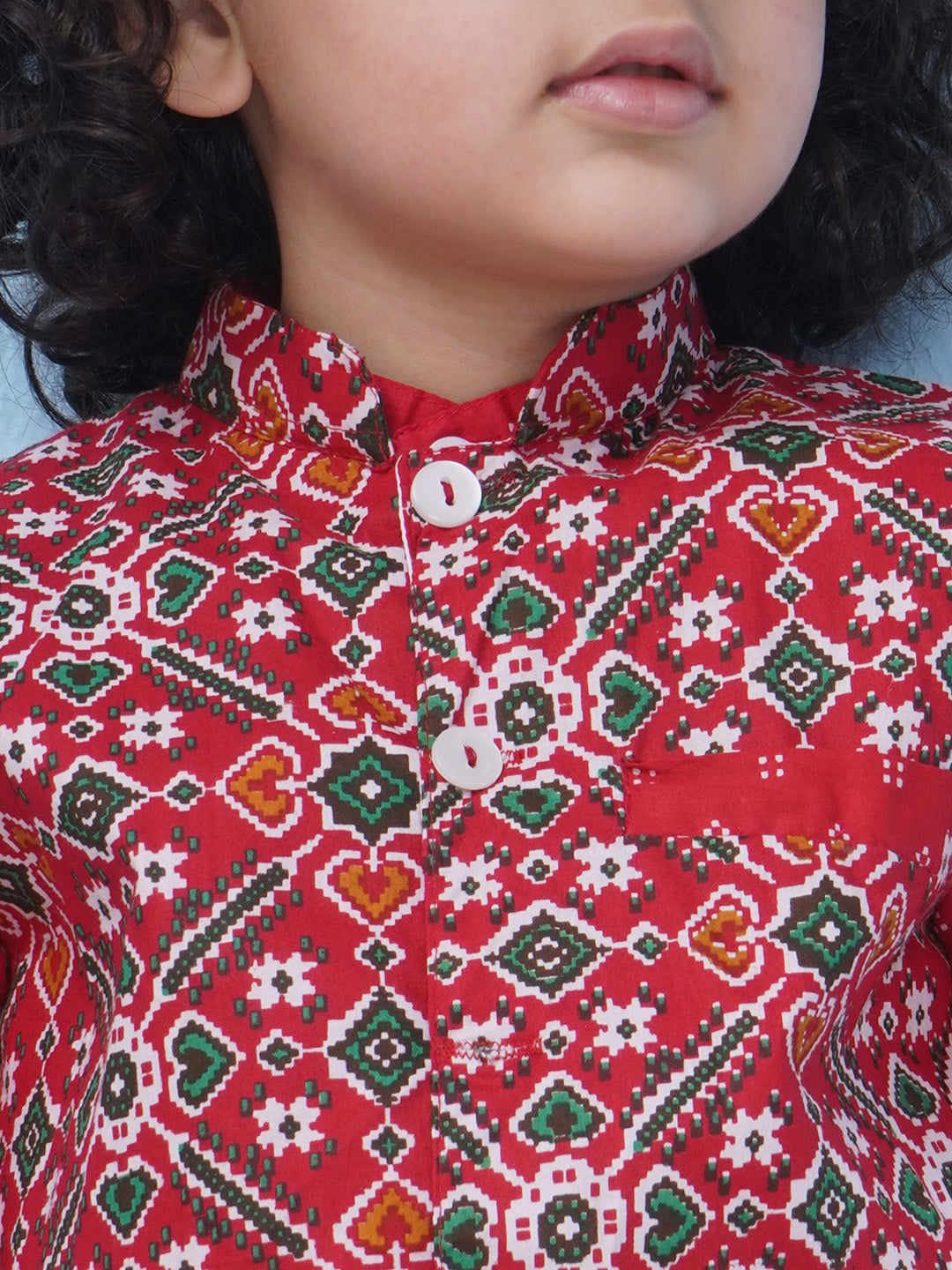 Boys Patola Print Cotton Kurta with Pajama With Jacket - Red