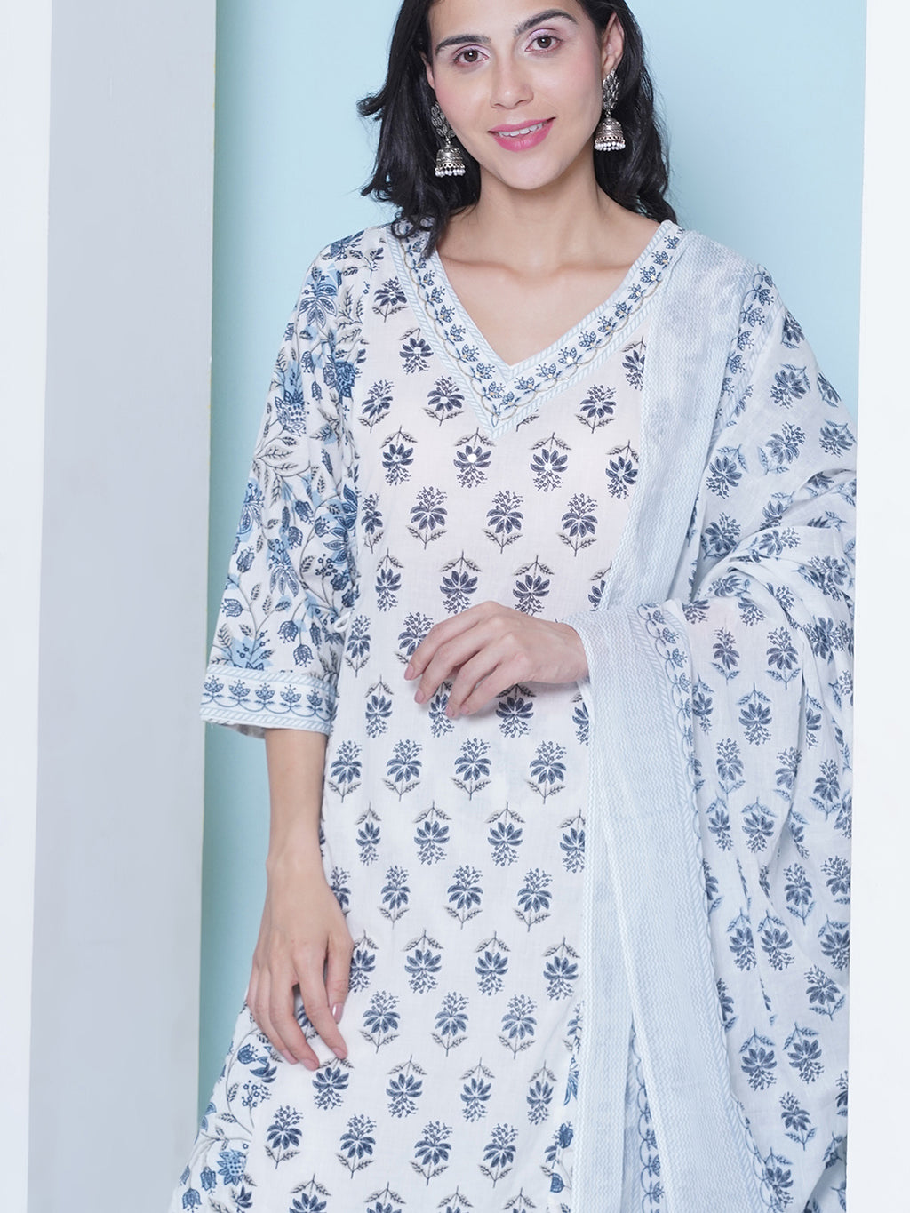 Printed Motif Kurti with Afghani Pant & Dupatta - Blue