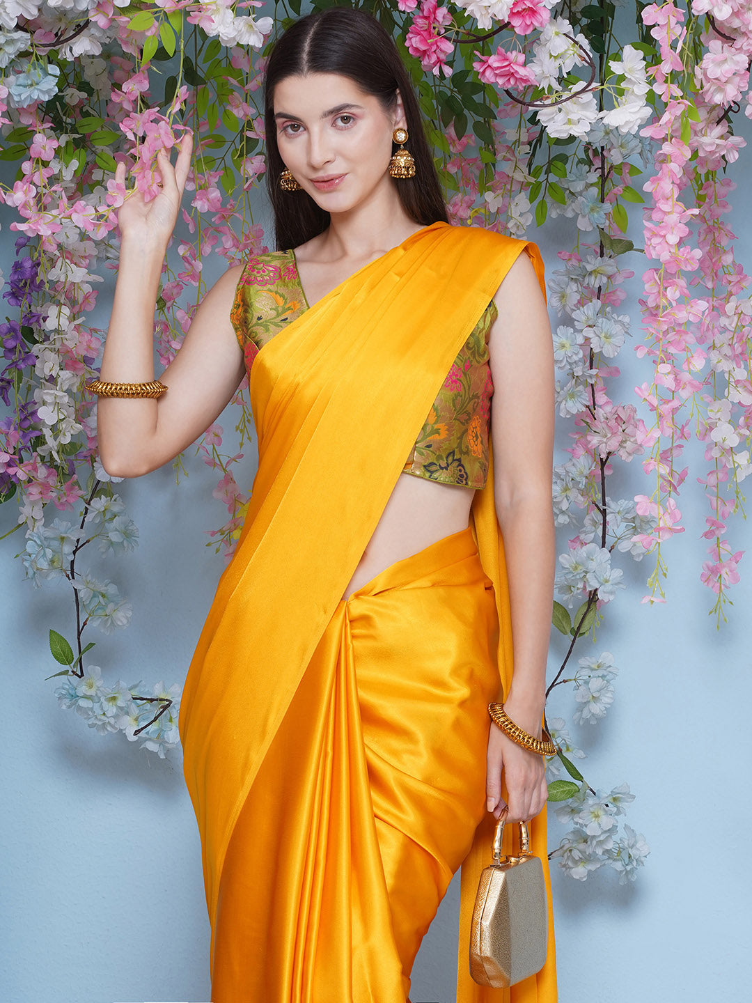 Satin Saree - Yellow