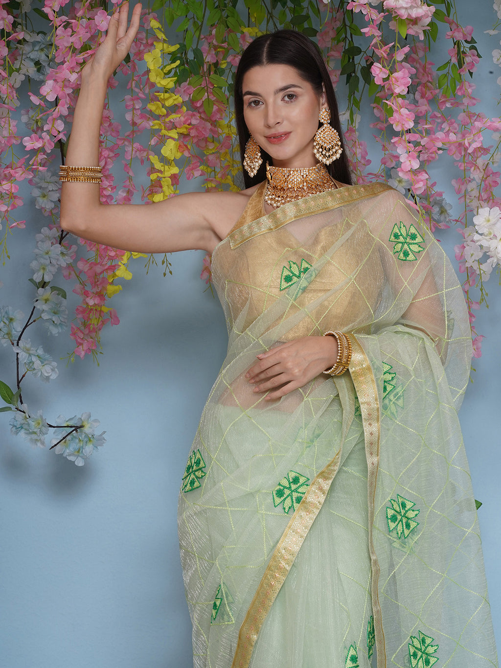 Net Embroidery Saree - Light Green