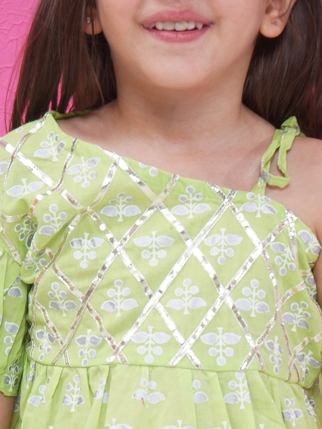 Girls Floral Printed Gota Patti Cotton off Shoulder Peplum Sharara - Light Green