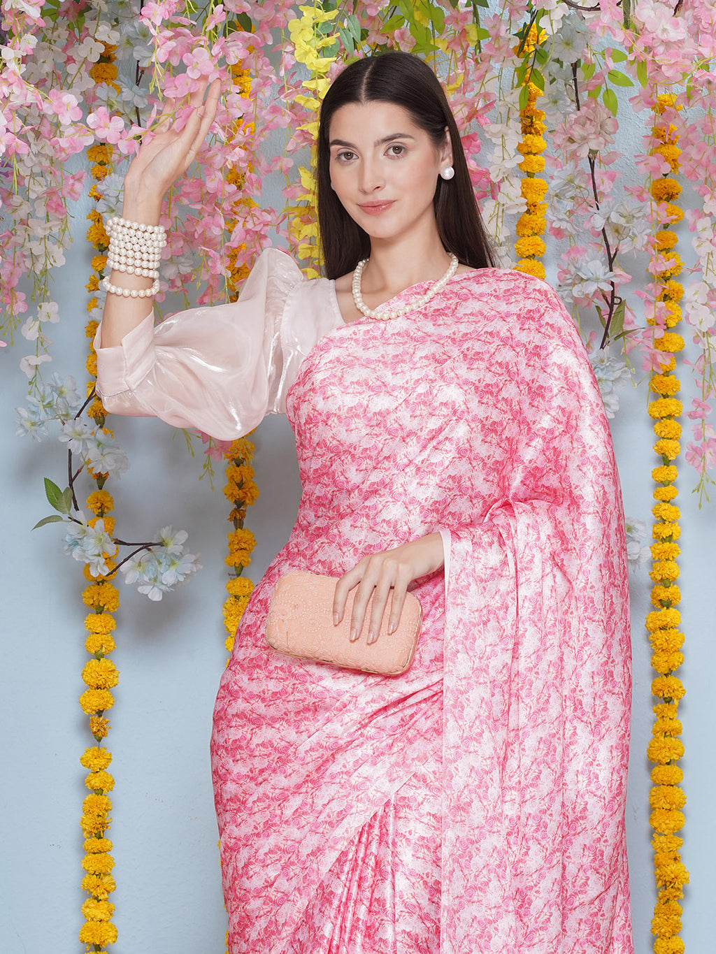 Floral Print Satin Silk Saree - Light Pink
