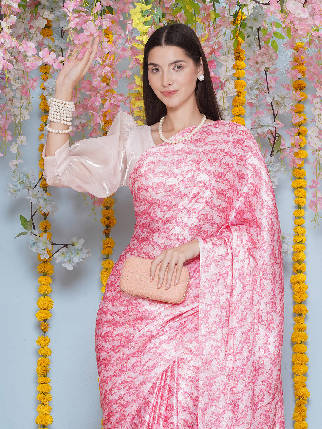 Floral Print Satin Silk Saree - Light Pink