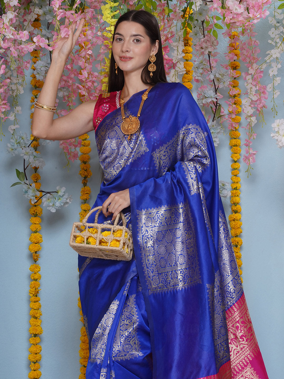 Silk Jacquard Zari Kanjeevaram Saree - Cobalt Blue & Magenta Pink
