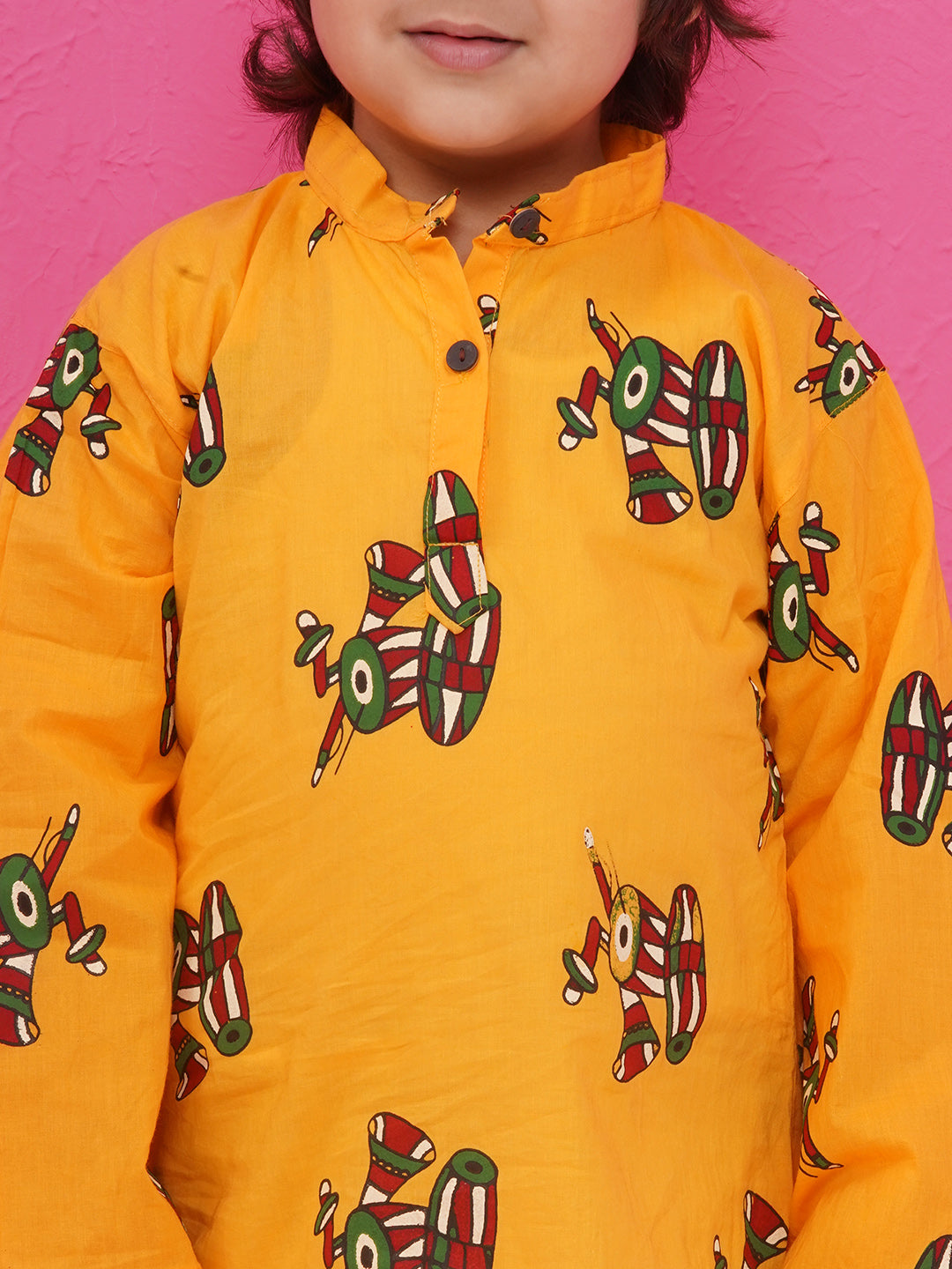 Boys Motifs Print Cotton Kurta with Dhoti - Yellow