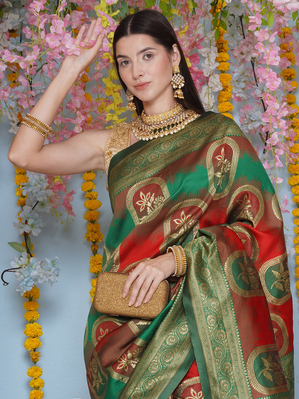Banarasi Silk Jacquard Zari Kanjeevaram Saree - Peacock Green
