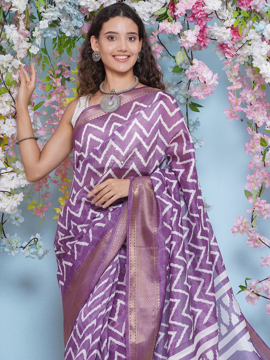 Cotton Silk Chevron Pattern Saree - Purple