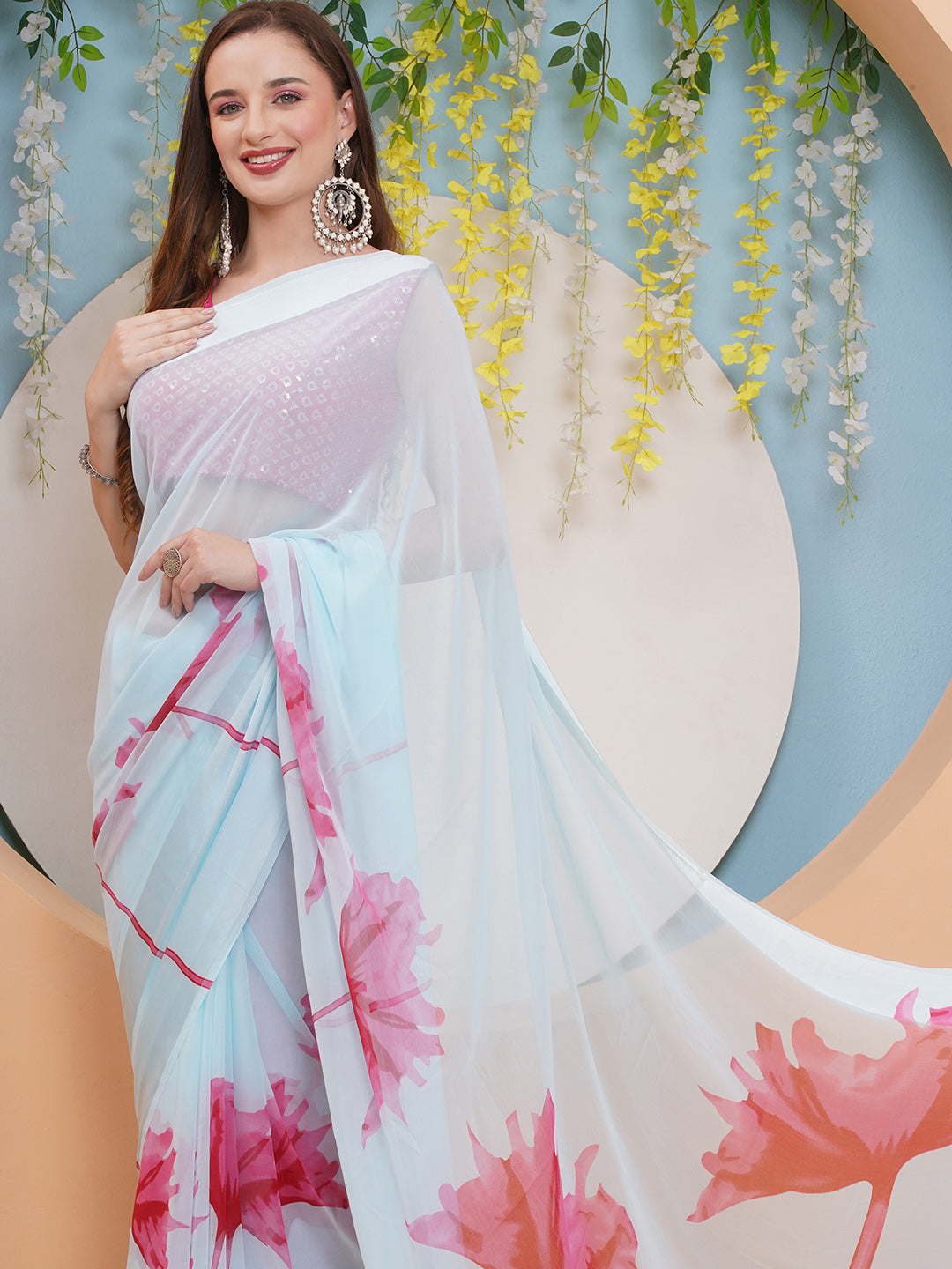 Floral Print Chiffon Saree - Light Blue-Pink