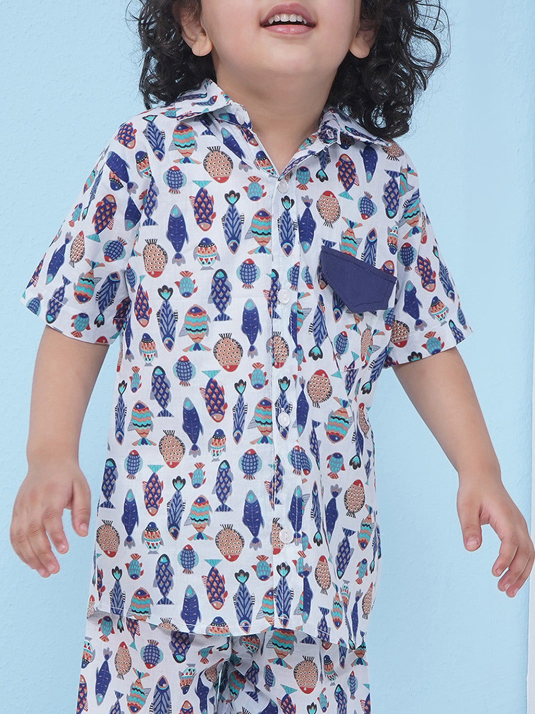 Boys Motifs Printed Short Set - White & Blue