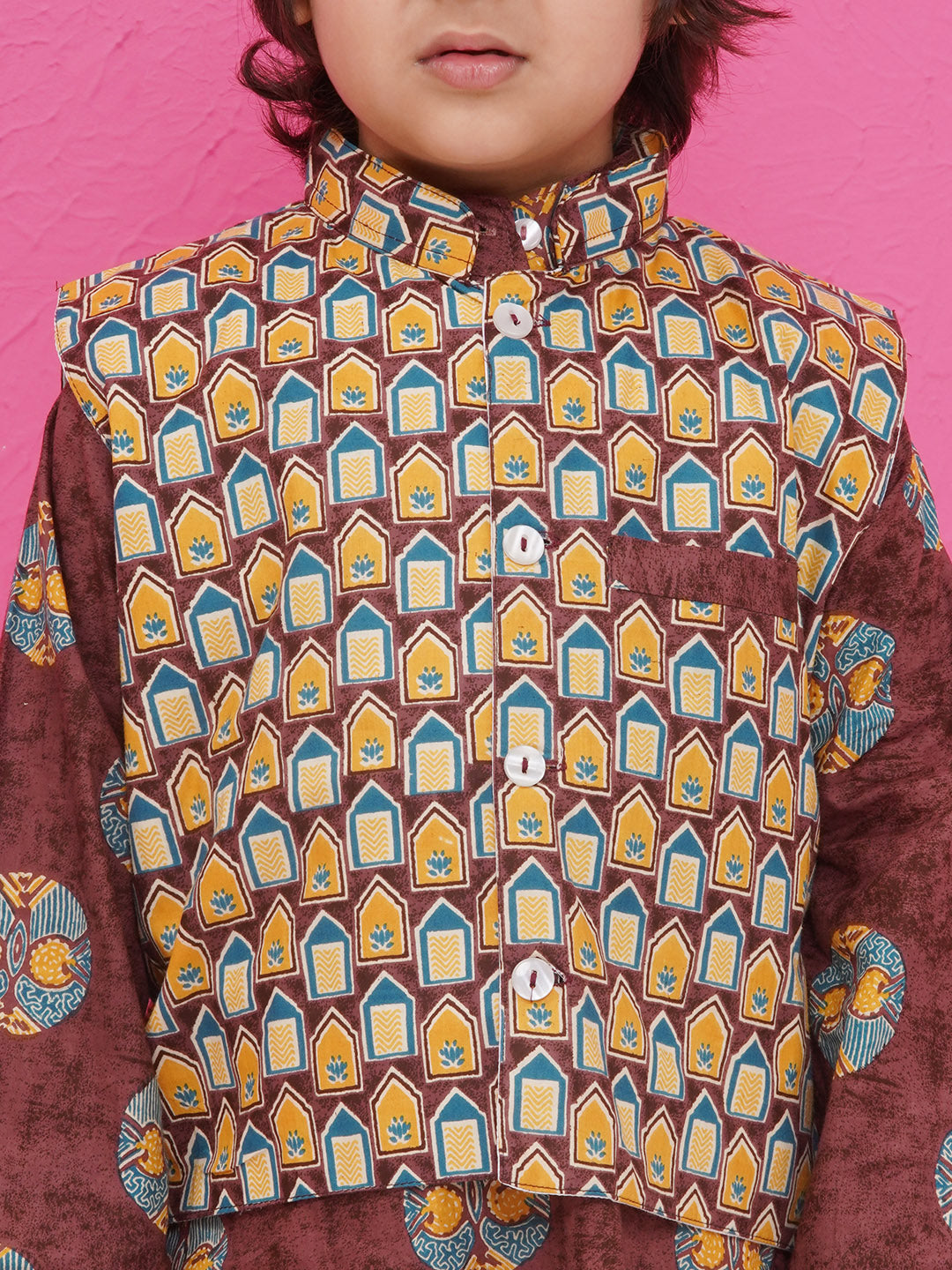Boys Ajrakh Bundi Cotton Kurta Pajama with Jacket - Brown