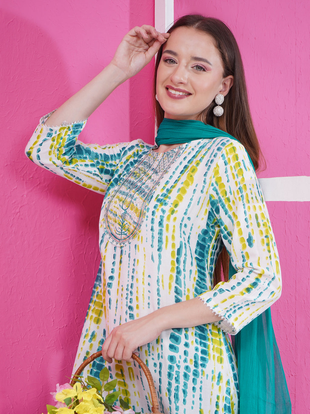 Printed Suit Set - White & Turquoise