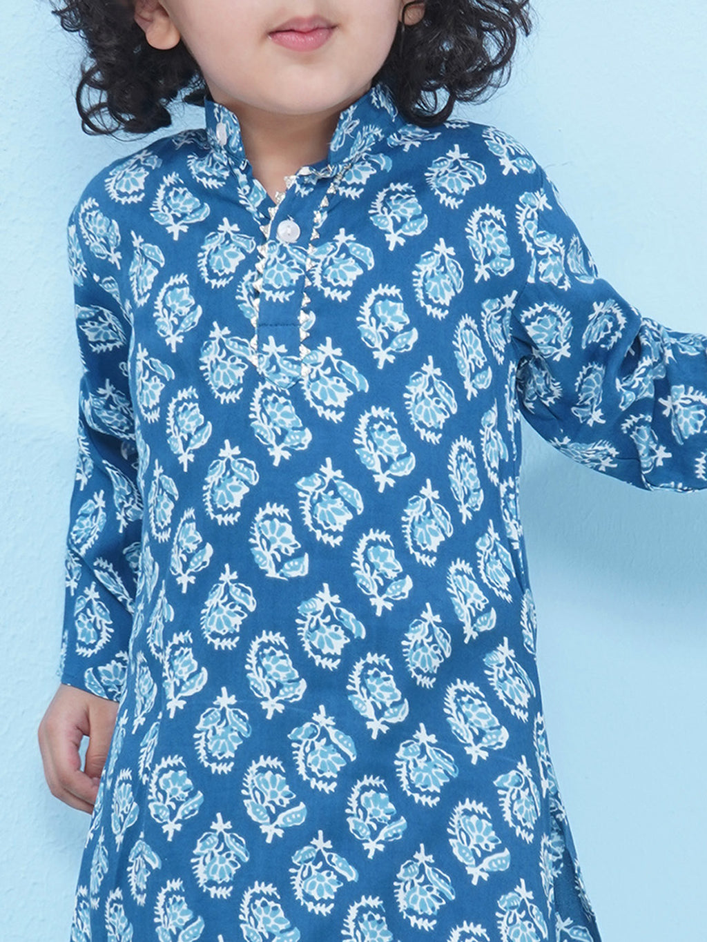 Boys Block Printed Cotton Kurta with Pajama - Blue