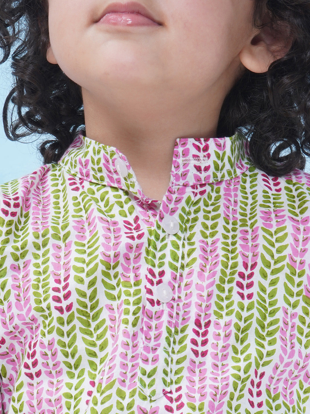 Boys Floral Printed Cotton Kurta with Pajama - Green & Pink