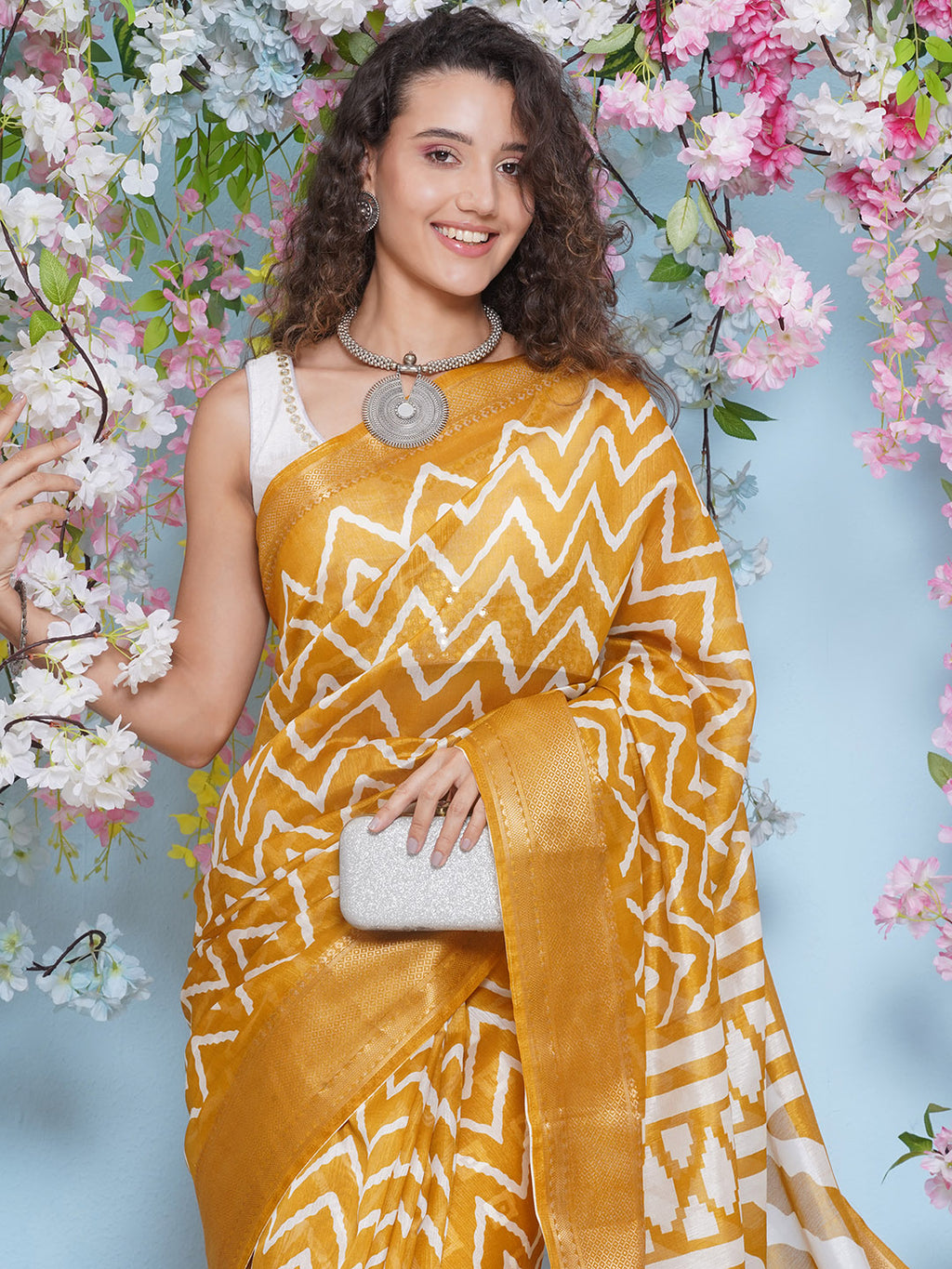 Cotton Silk Chevron Pattern Saree - Mustard Yellow