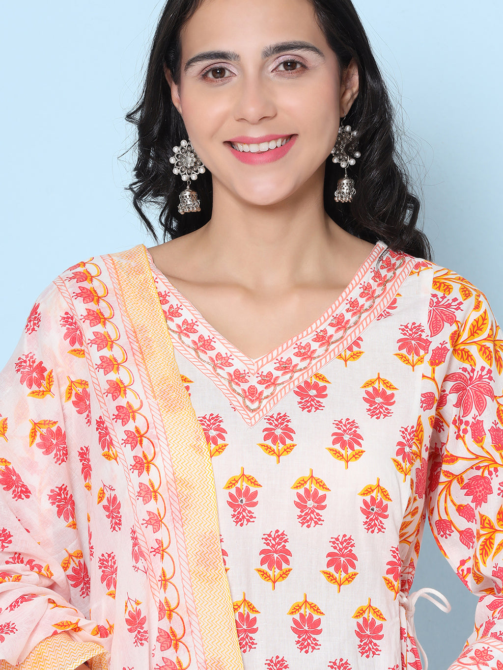 Printed Motif Kurti with Afghani Pant & Dupatta - Orange