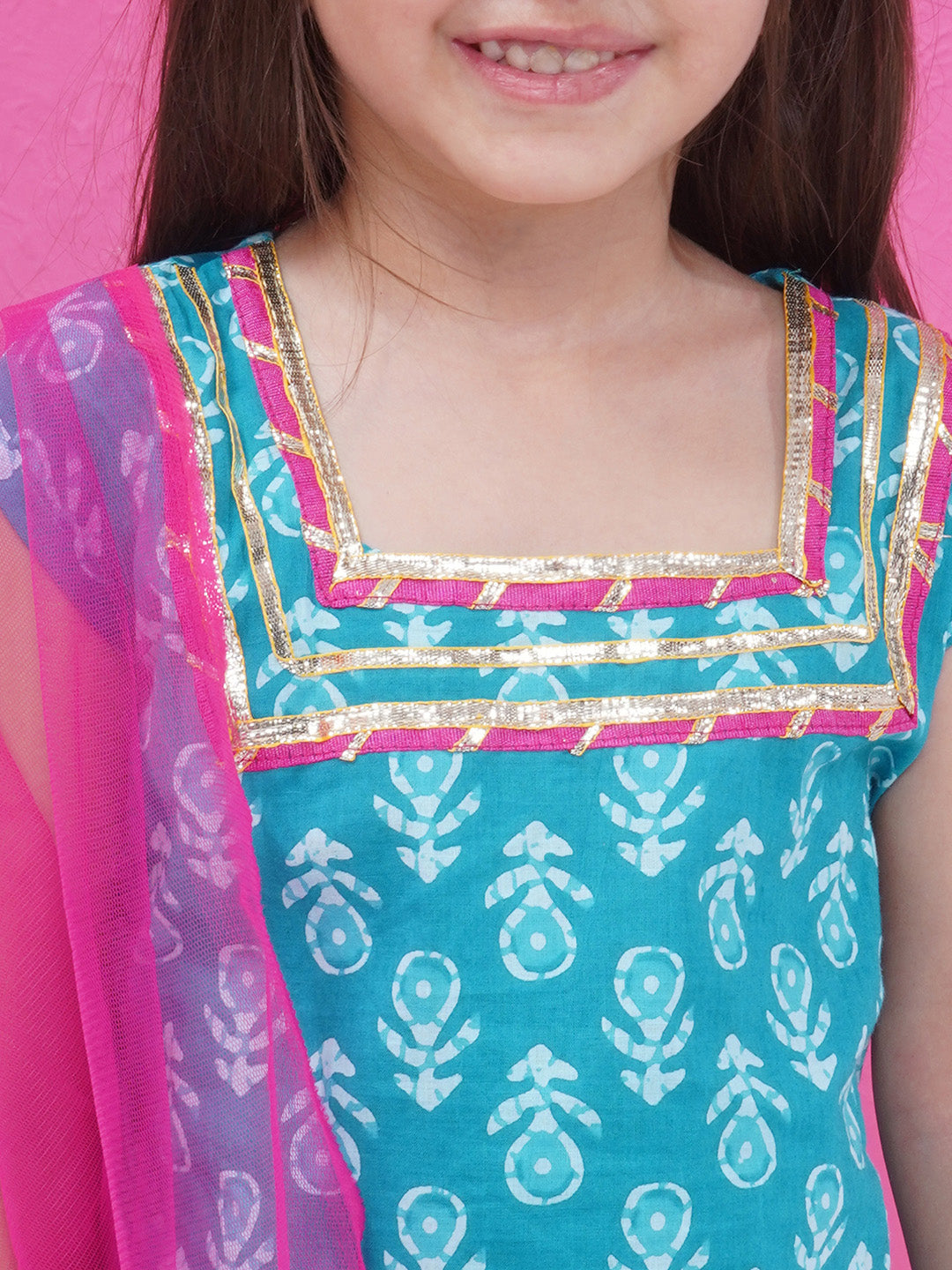 Girls Ethnic Printed Pure Cotton Kurti With Sharara & With Dupatta - Blue