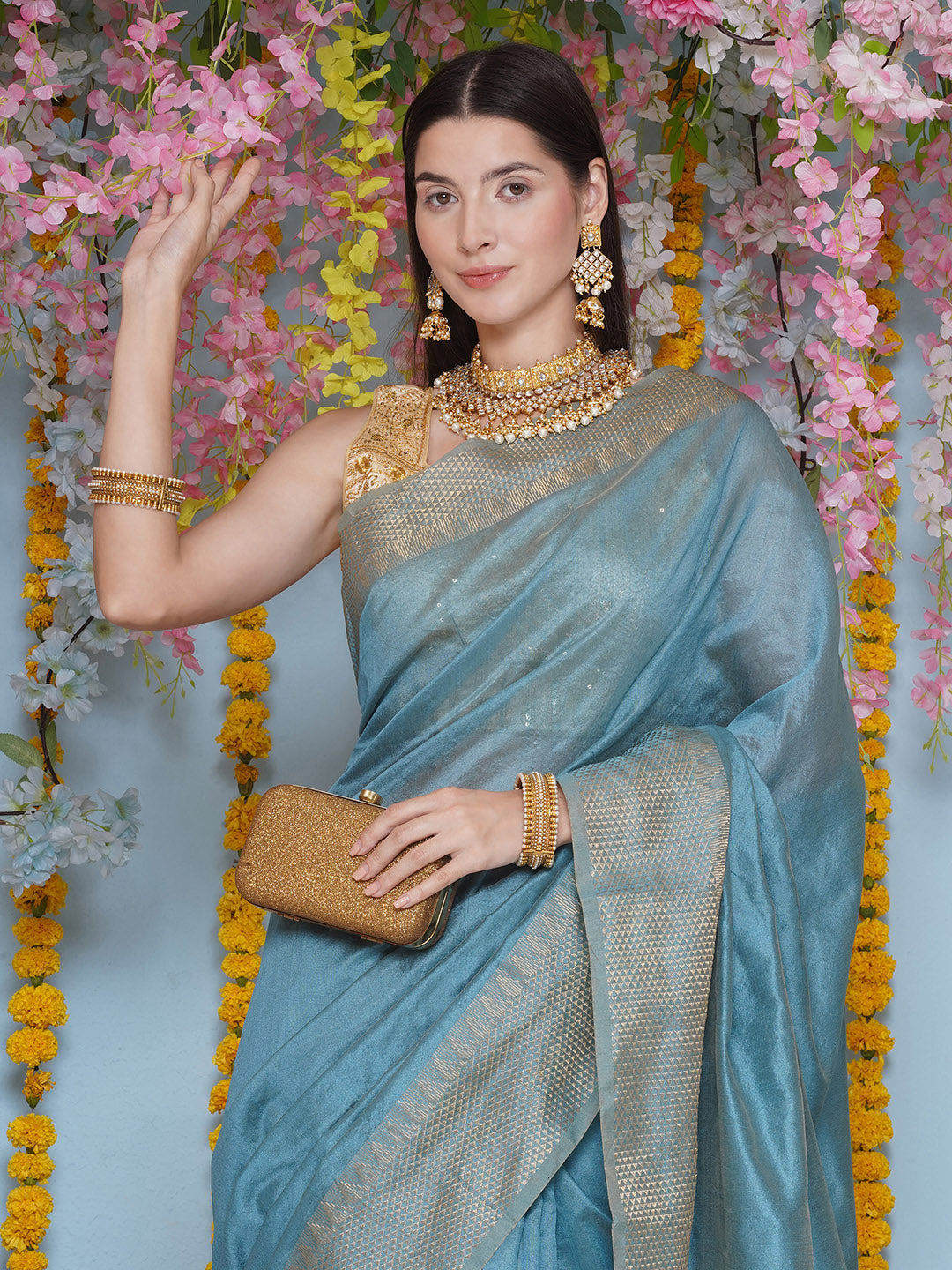 Tussar Silk Saree with Golden Zari Work - Pastel Blue