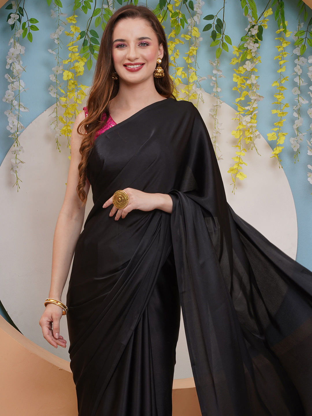 Satin Saree - Solid Black