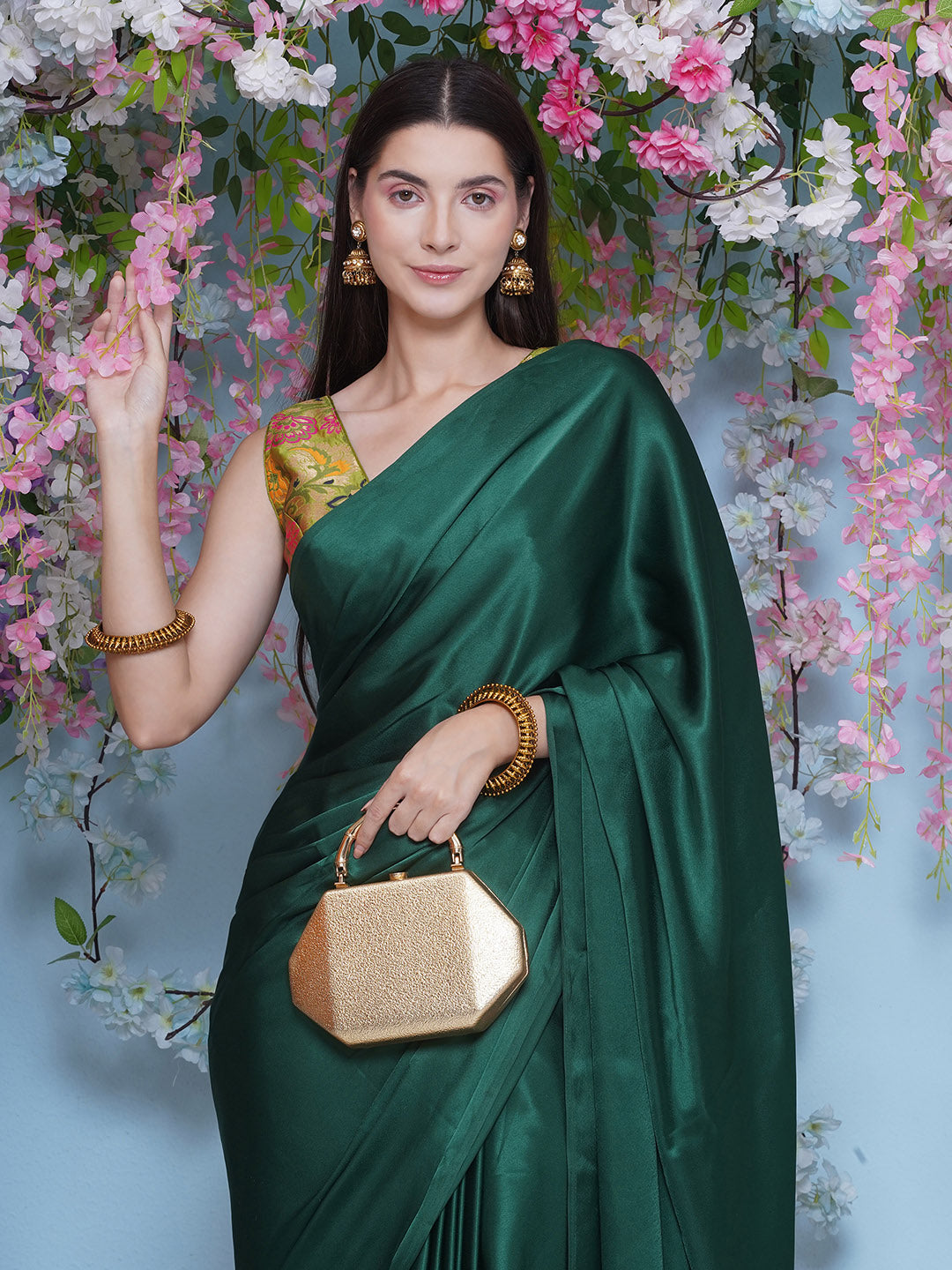 Satin Saree - Peacock Green