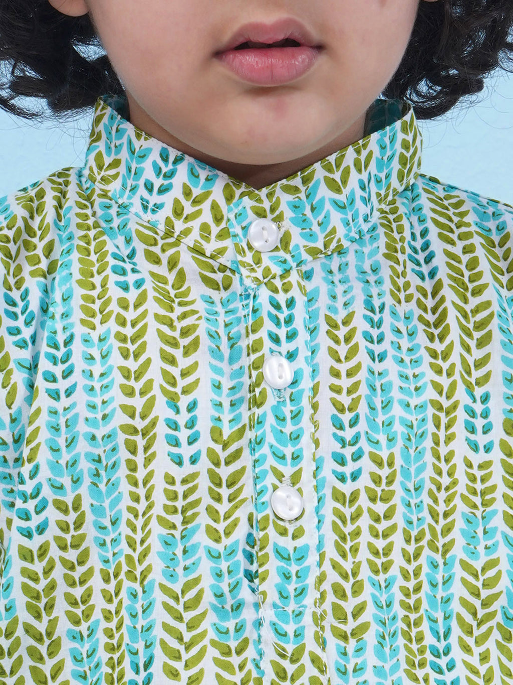 Boys Floral Printed Cotton Kurta with Pajama - Green & Aqua Blue