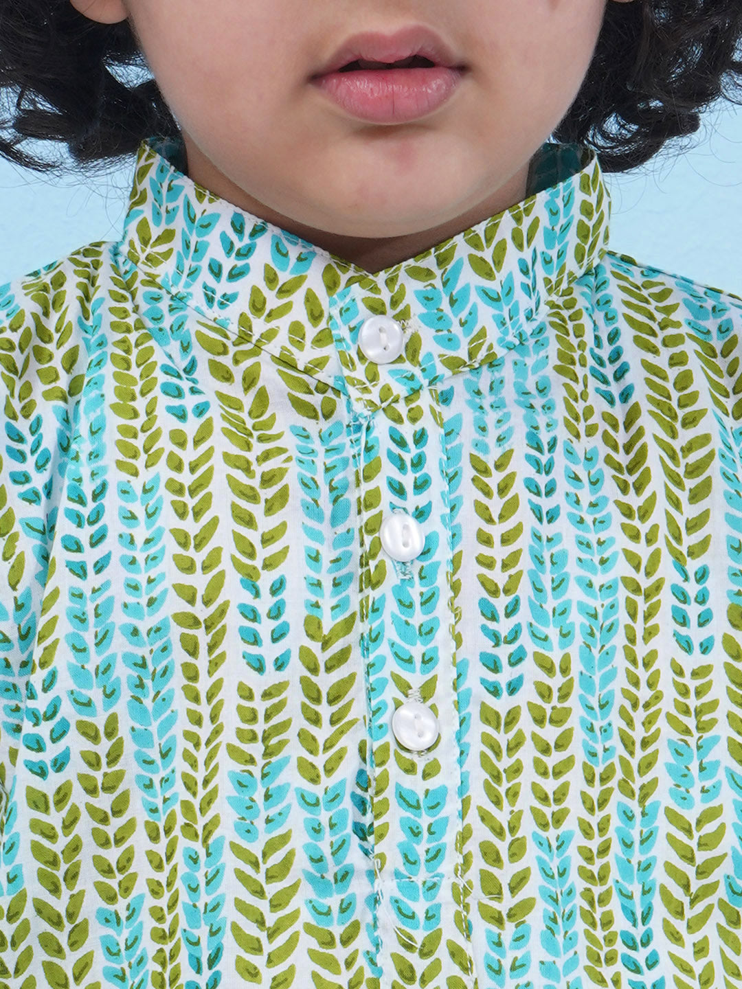 Boys Floral Printed Cotton Kurta with Pajama - Green & Aqua Blue