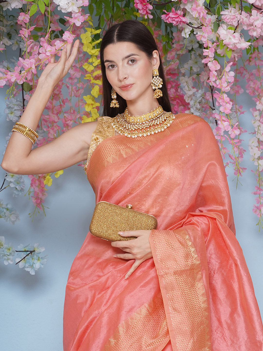 Tussar Silk Saree with Golden Zari Work - Peach