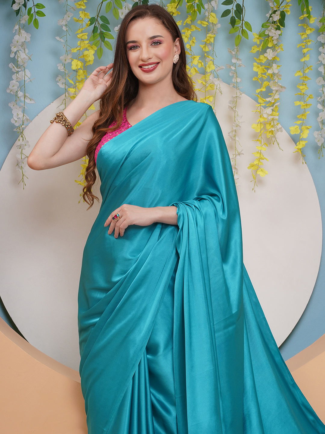 Satin Saree - Aqua Blue