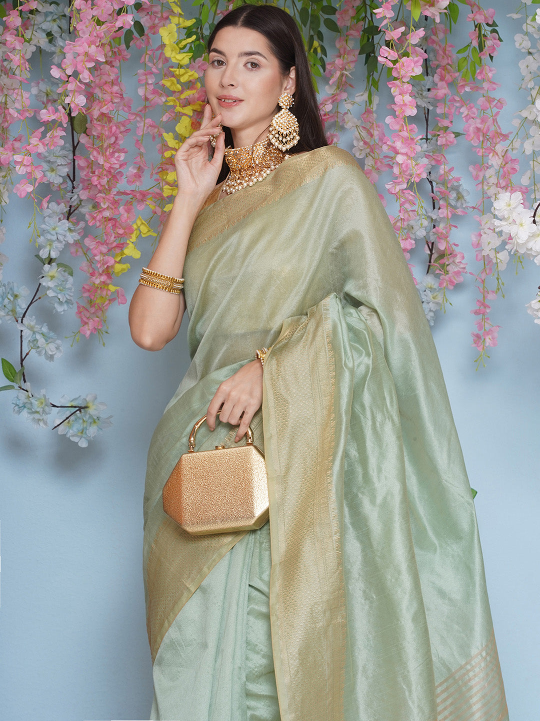 Tussar Silk Saree with Golden Zari Work - Mint Green