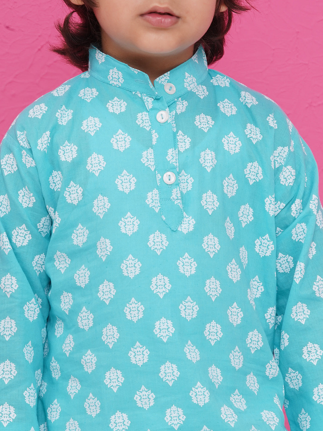Boys Boti Printed Cotton Kurta with Dhoti - Light Blue