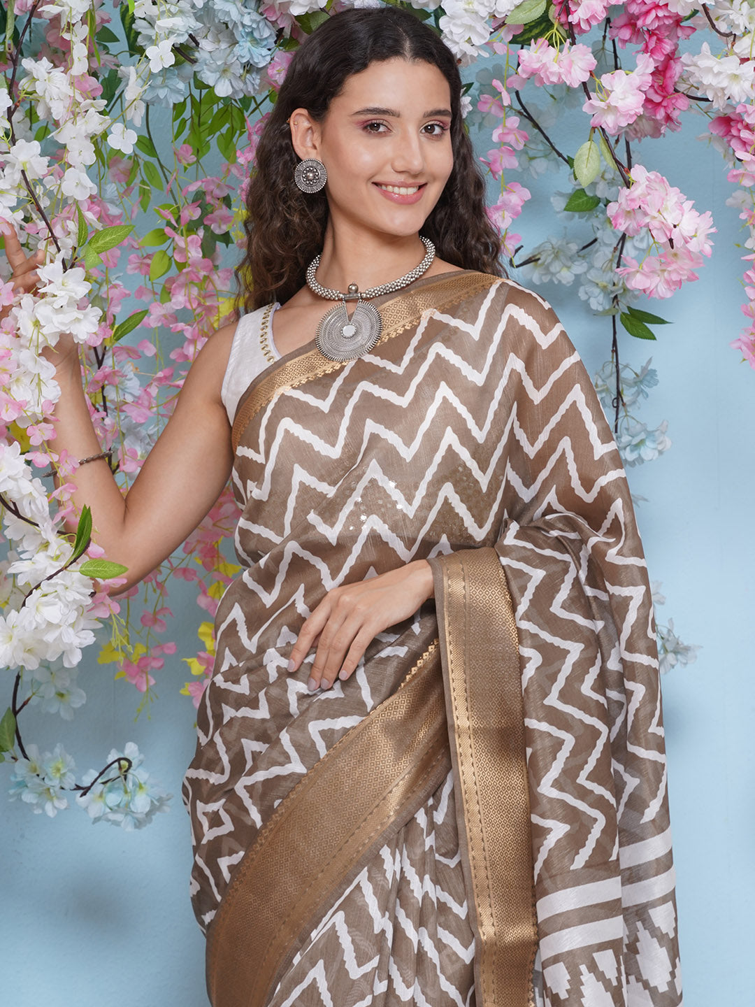 Cotton Silk Chevron Pattern Saree - Light Brown