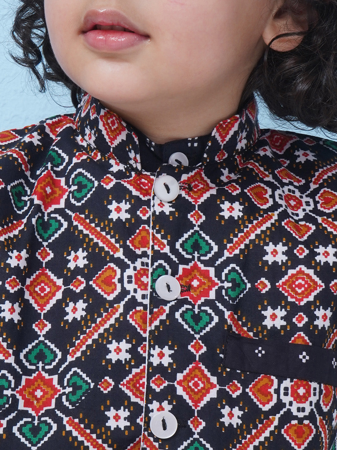 Boys Patola Print Cotton Kurta with Pajama With Jacket - Dark Blue