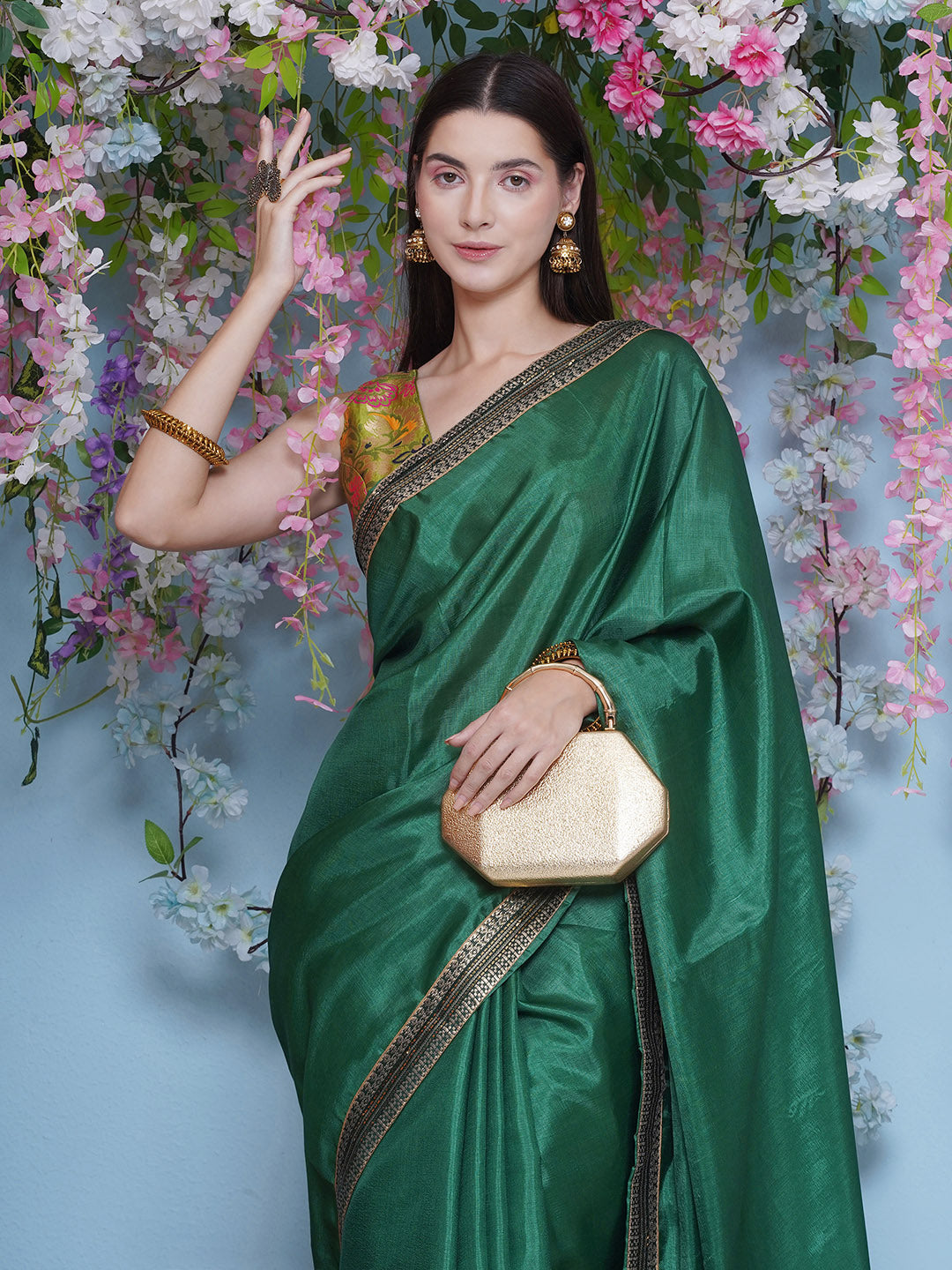 Svaroski Buta Silk Blend Saree - Emerald Green