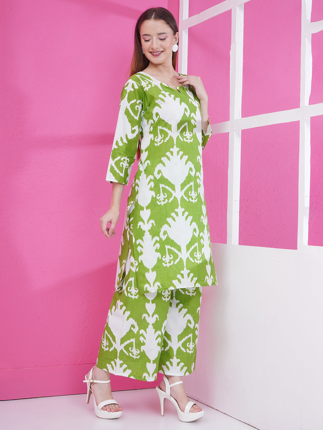 Motifs Printed Cotton Co-ord Set - Green
