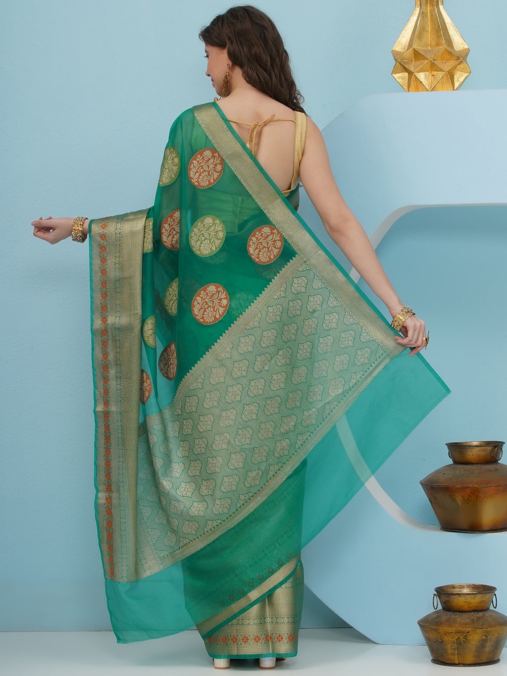 Banarasi Organza Woven Saree – Emerald Green