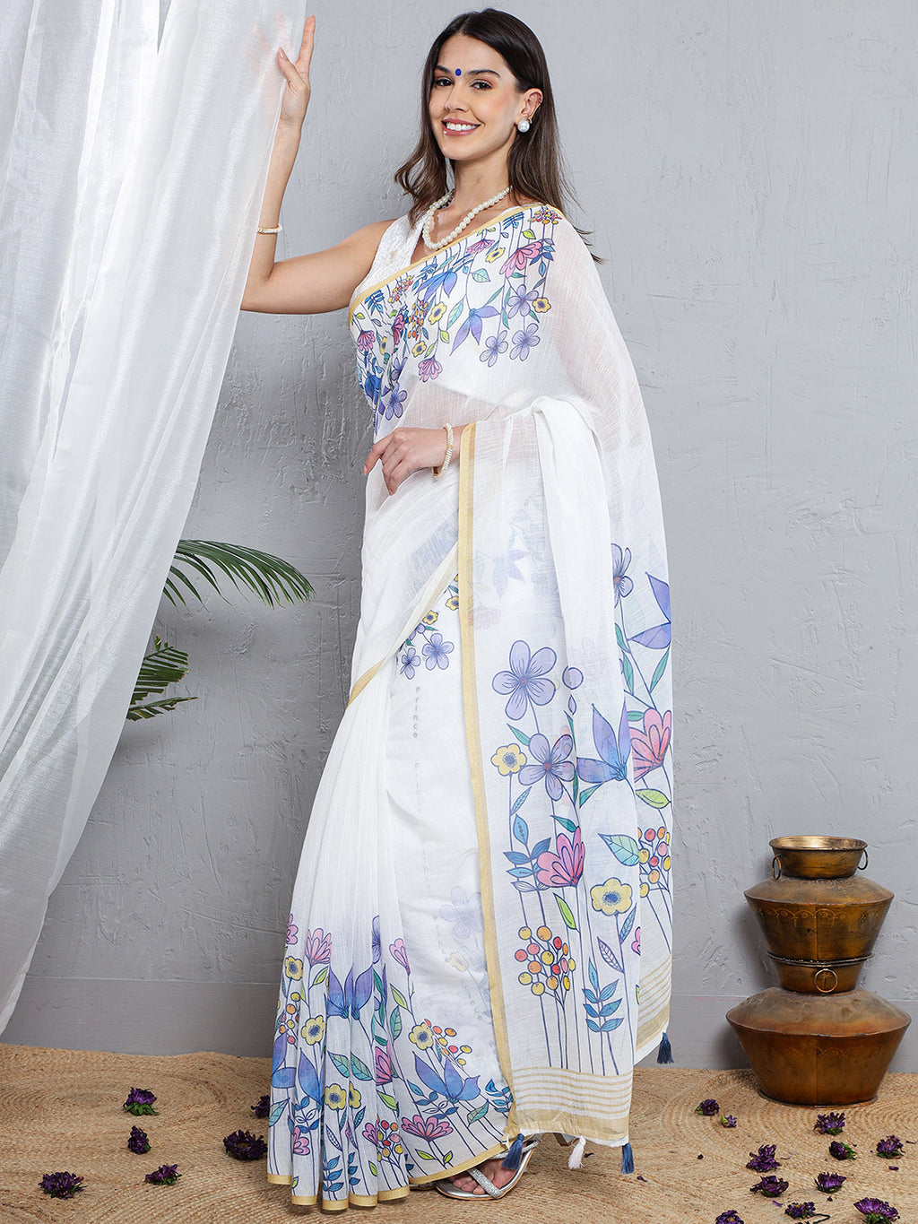 Floral Printed Soft Linen Saree - Blue