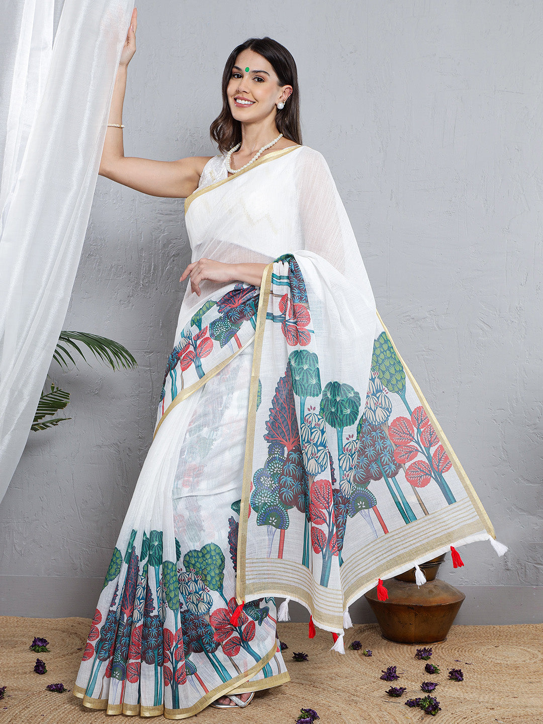 Printed Soft Linen Saree - Blue