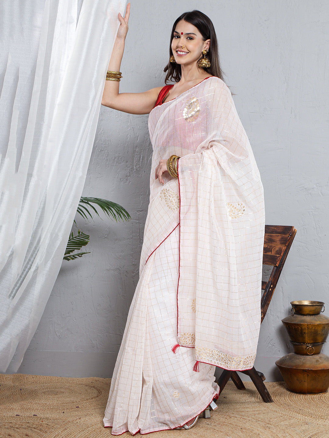 Chanderi Gotta Pati Saree - Off-White