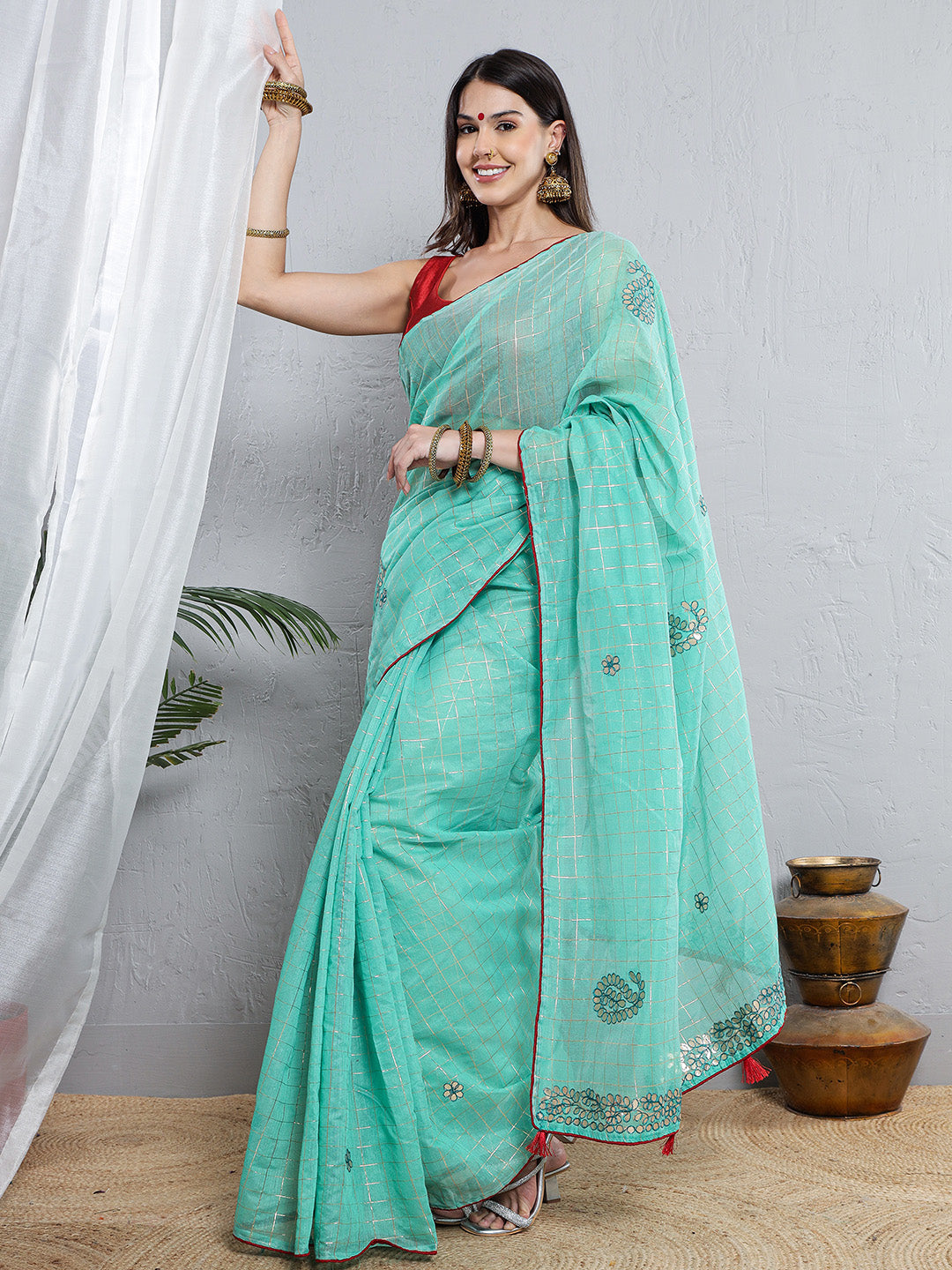 Chanderi Gotta Pati Saree - Turquoise