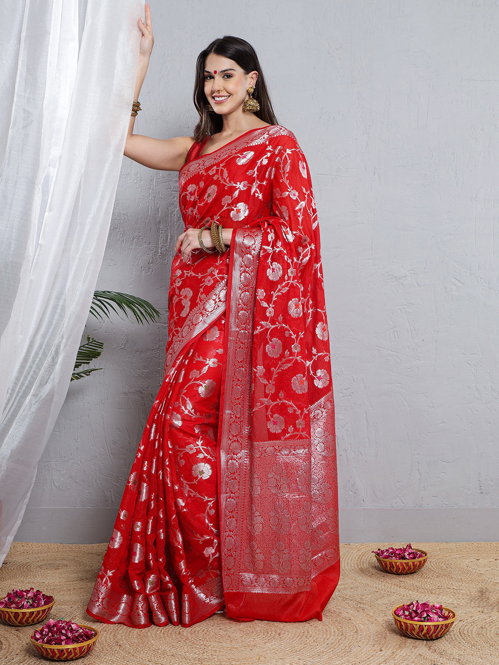 Banarasi Silk Meena Jaal Weave Saree - Red