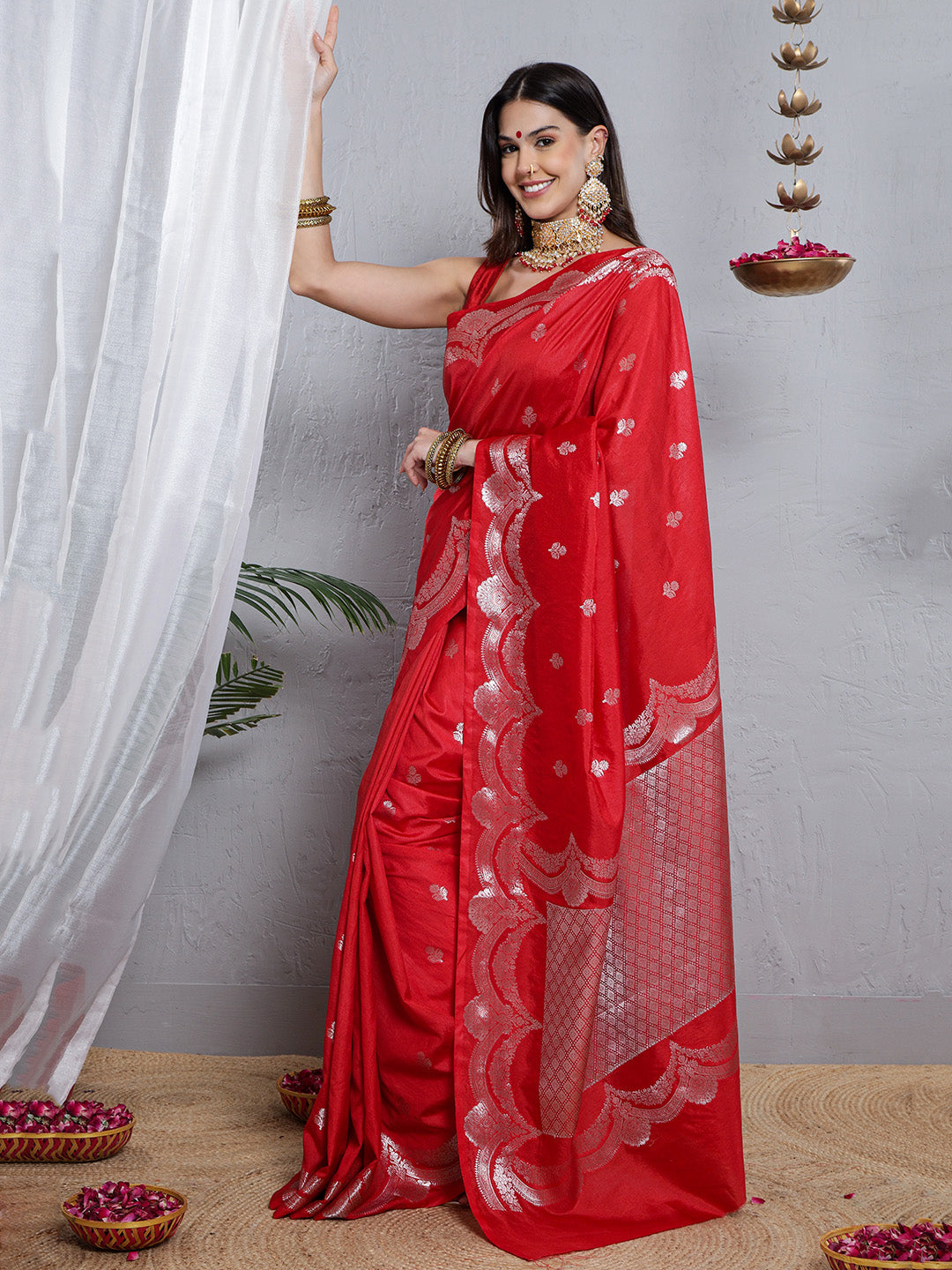 Banarasi Silk Mehrab Design Saree - Red