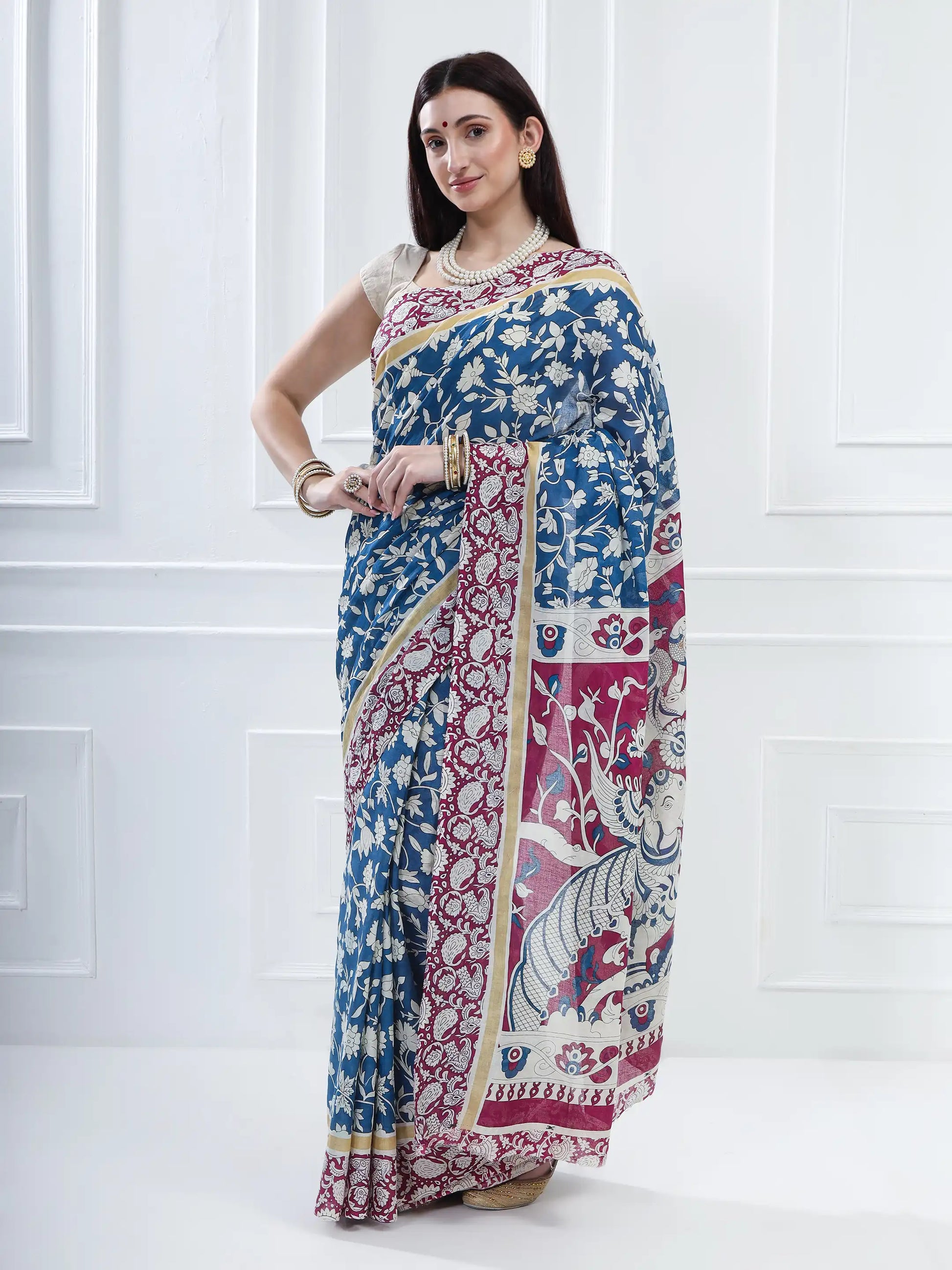 Ajrakh Print Cotton Saree - Sea Blue & Magenta
