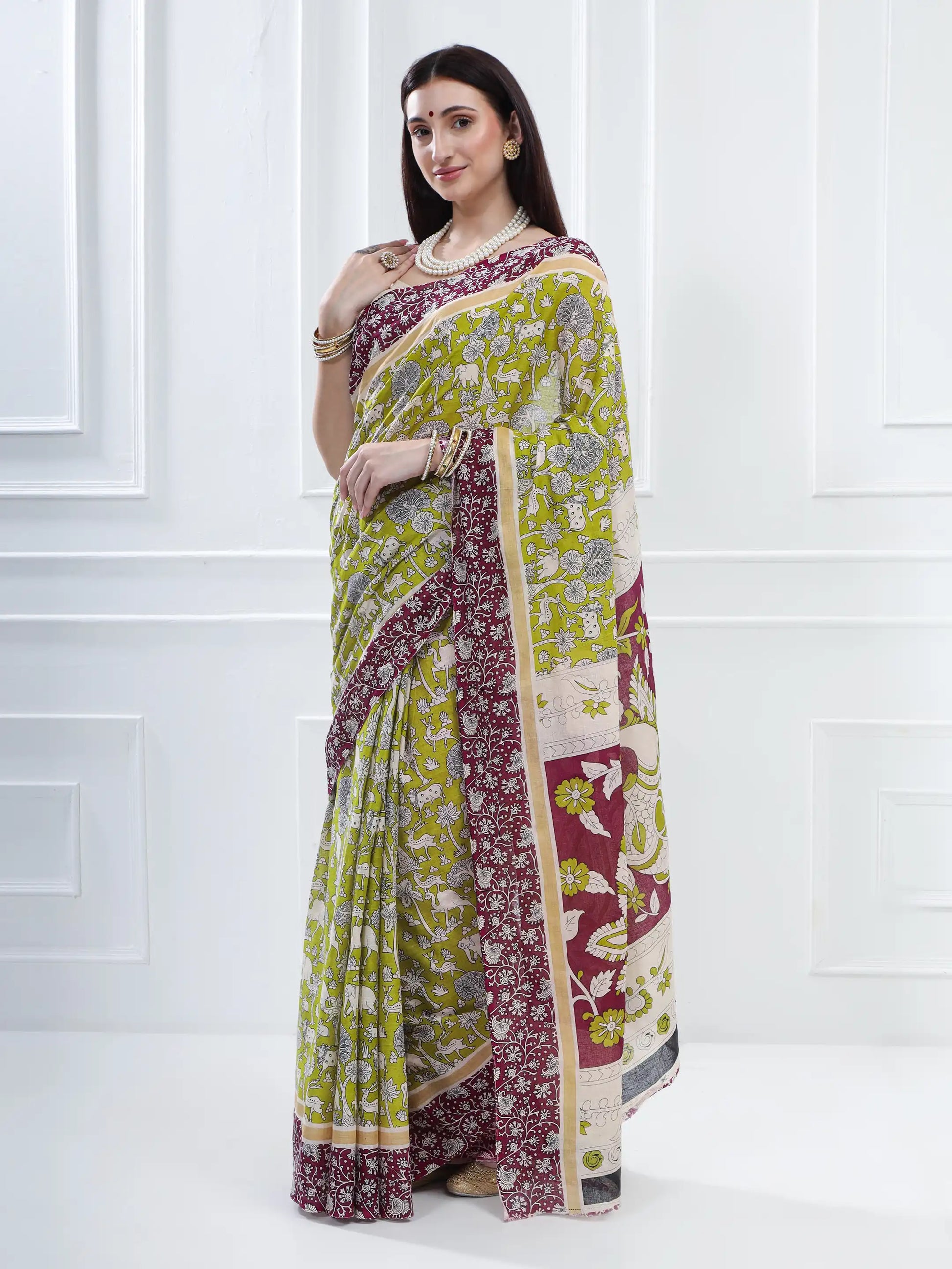 Ajrakh Print Cotton Saree - Green and Magenta