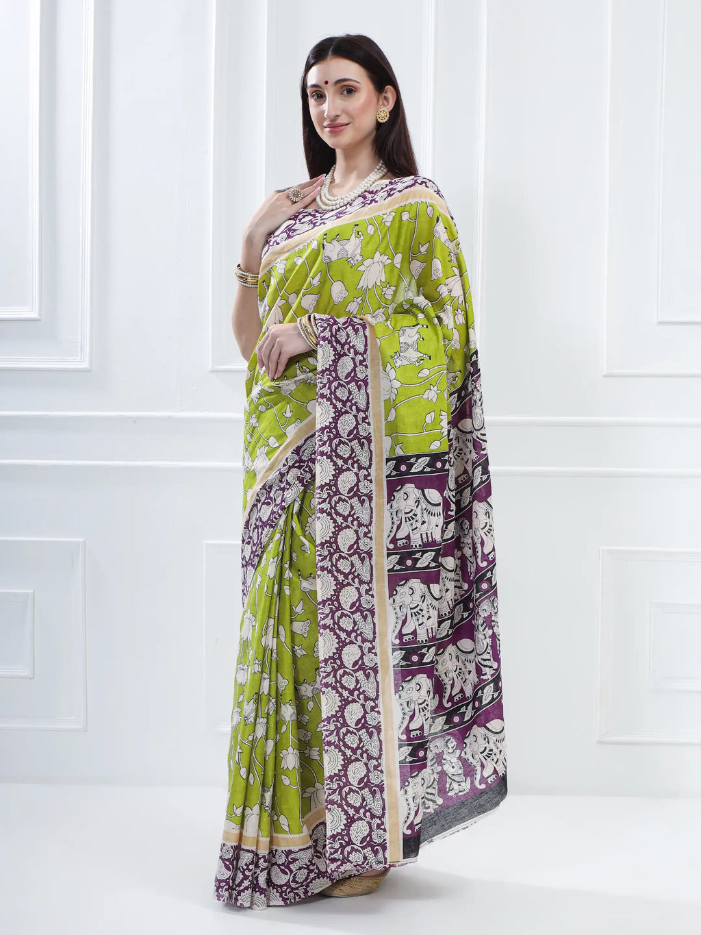 Ajrakh Print Cotton Saree - Green & Purple
