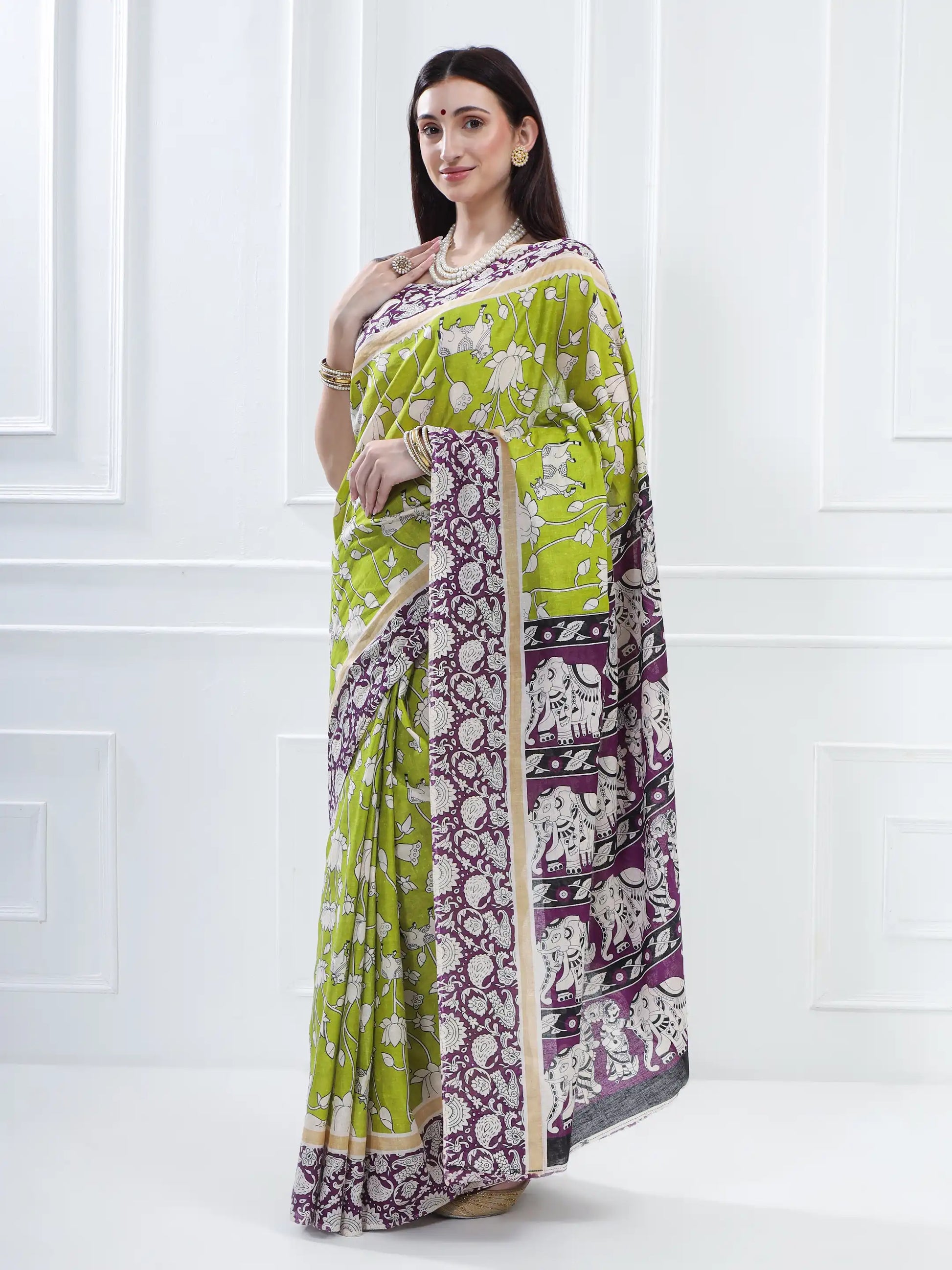 Ajrakh Print Cotton Saree - Green & Purple