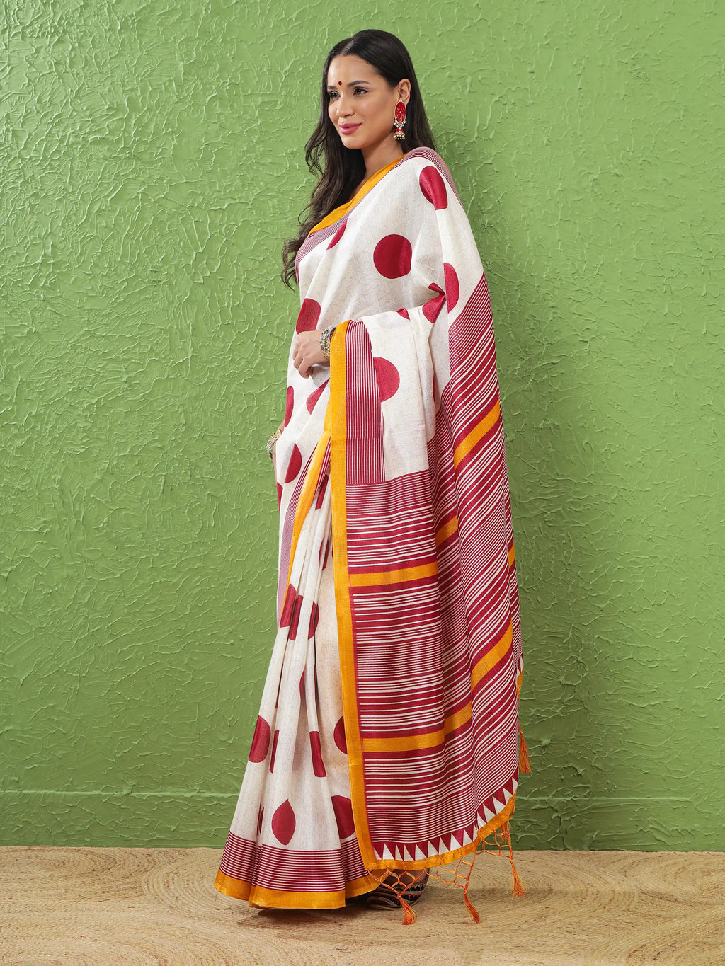 Khadi Silk Saree with Polka Motifs & Yellow Accent