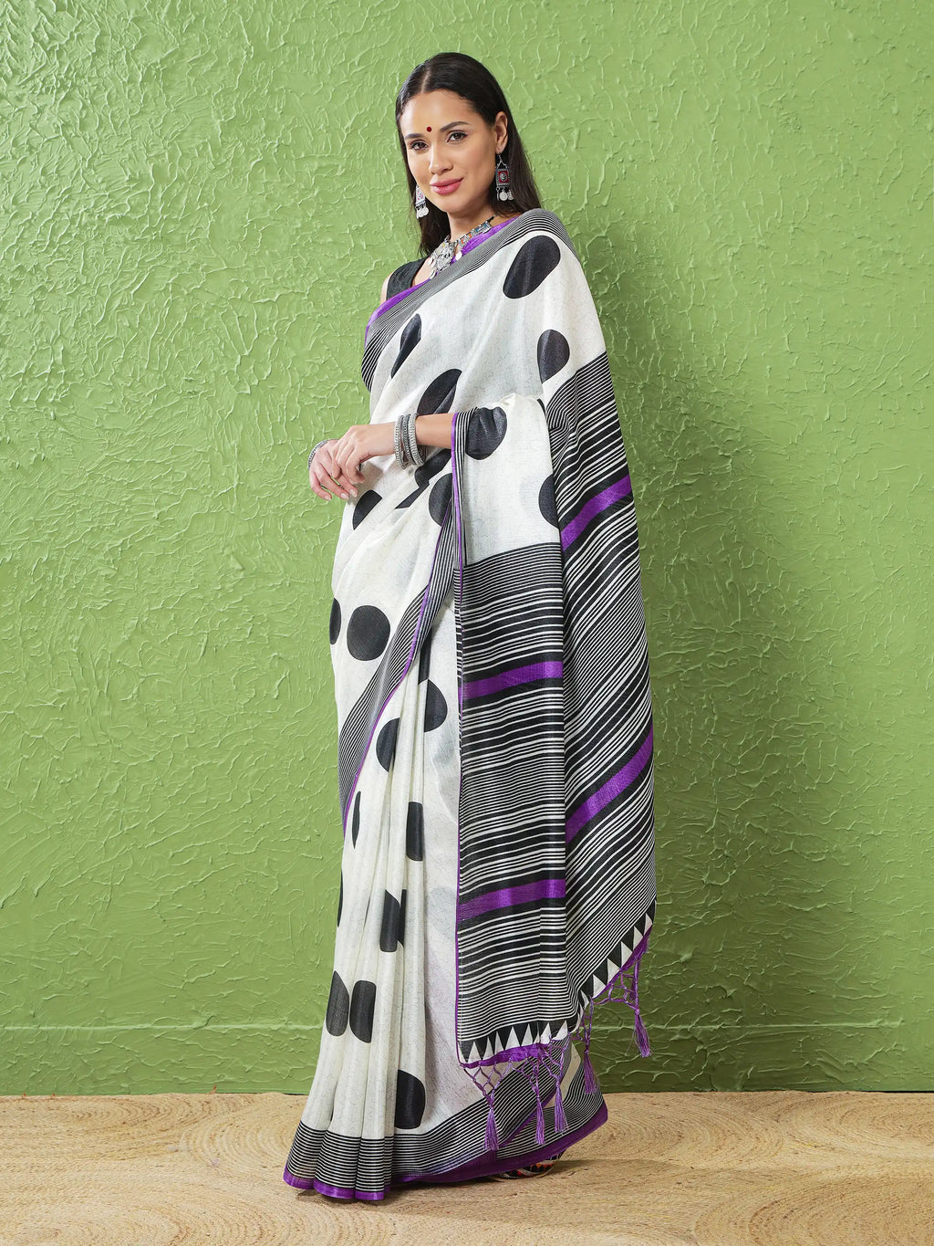 Khadi Silk Saree with Polka Motifs & Purple Accents