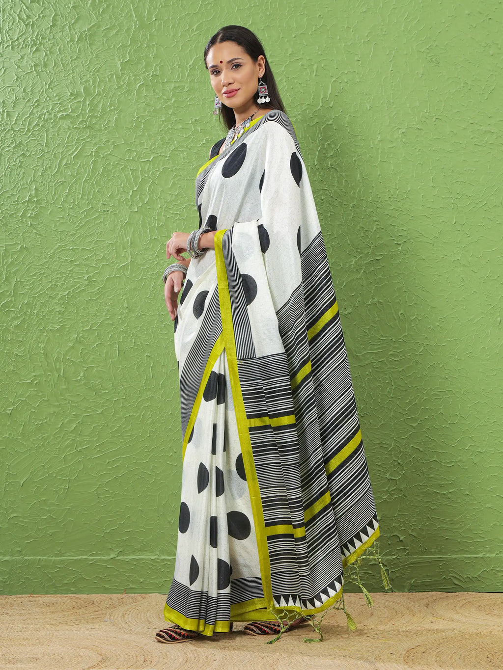 Khadi Silk Saree with Polka Motifs & Neon Accent