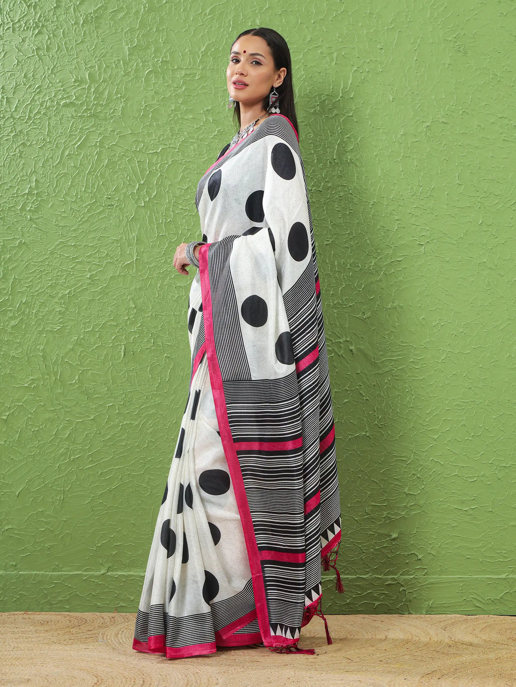 Khadi Silk Saree with Polka Motifs & Pink Accent