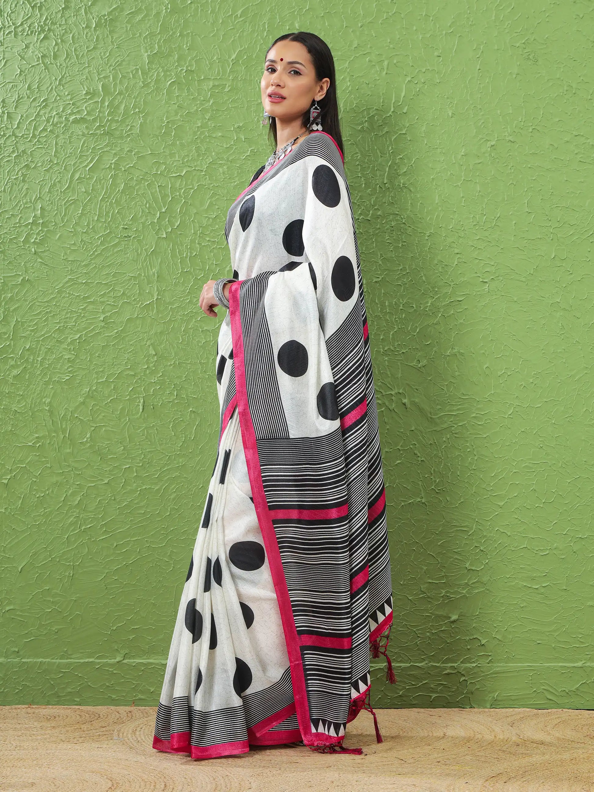 Khadi Silk Saree with Polka Motifs & Pink Accent